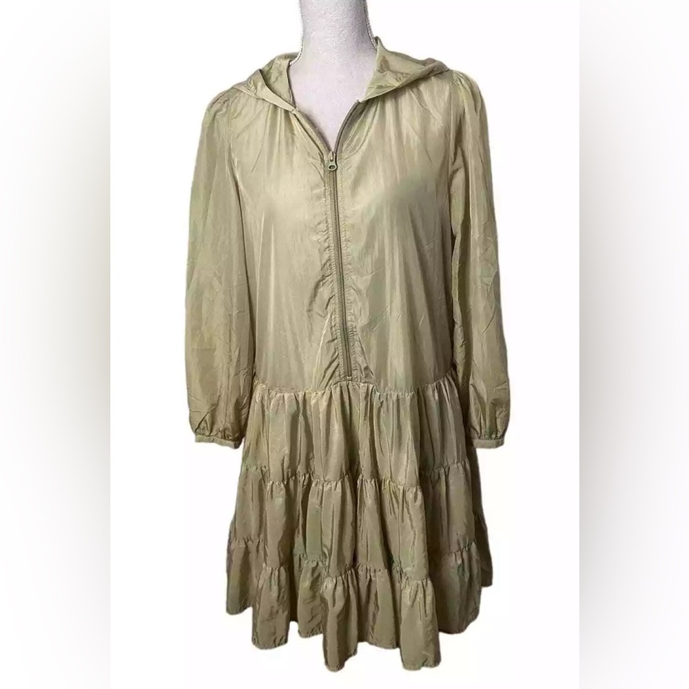 Zara tan Tiered Windbreaker Hooded Fully lined Half zip Dress Sz. S